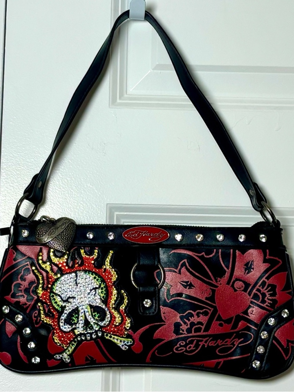 Ed Hardy Black & Red Embellished Skull Flames Shoulder Handbag